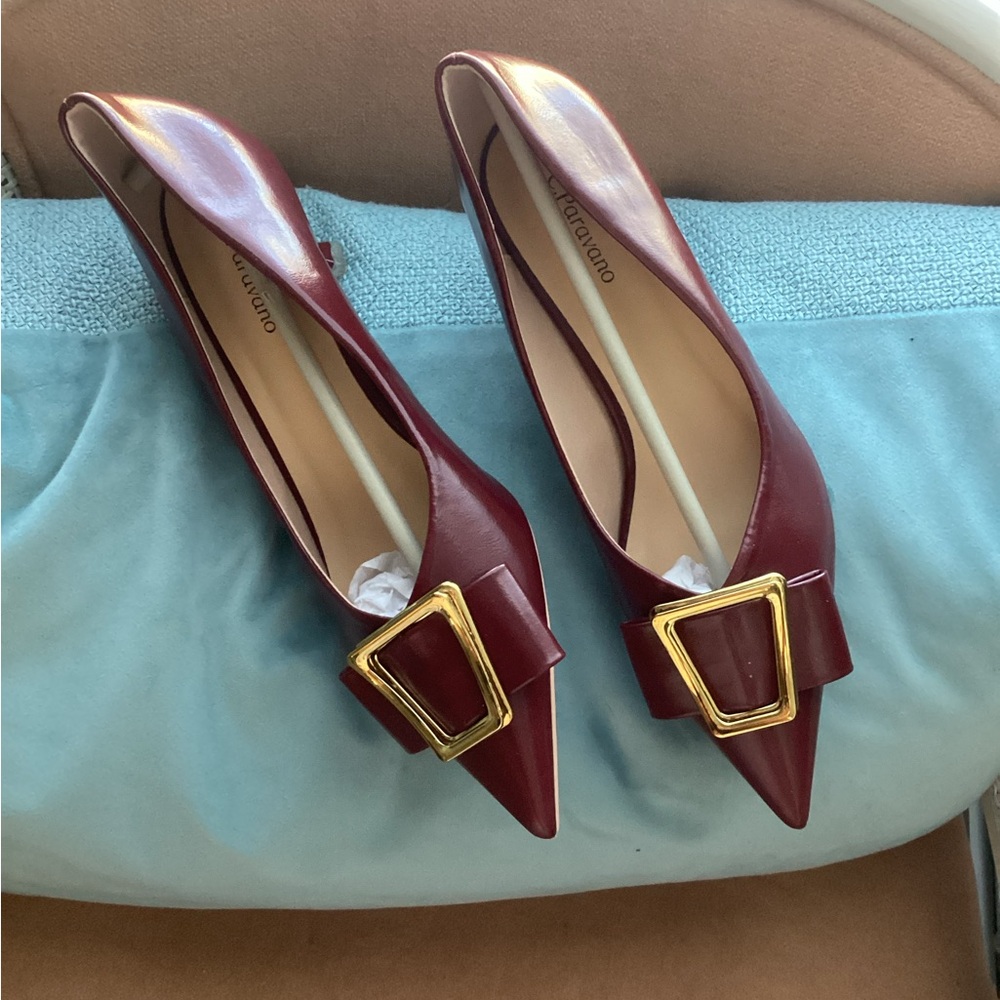 Marianato Burgundy Pointed Toe Heels with Gold Buckle